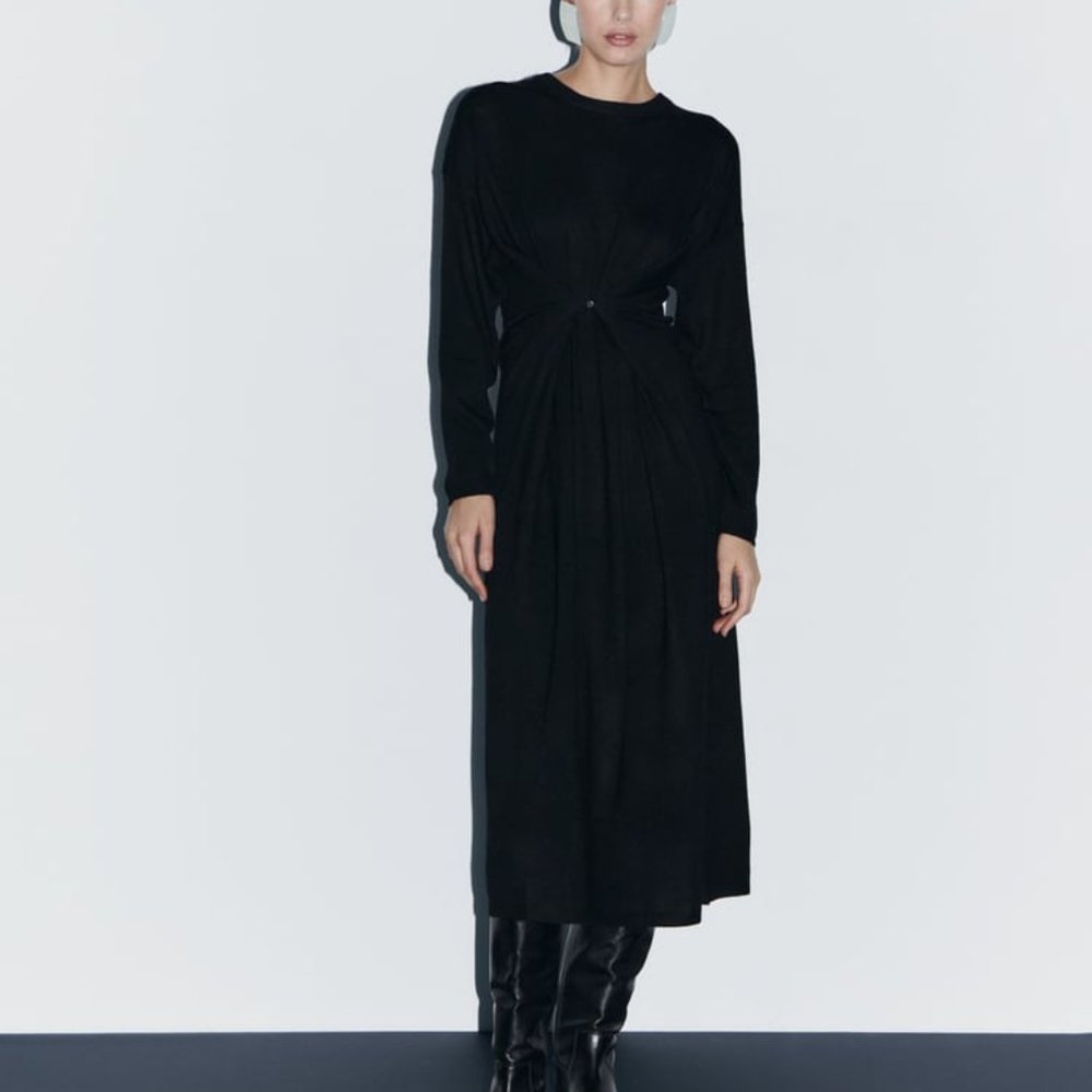 NWT BLACK 42% WOOL BLEND BUTTONED MULTIPOSITIONAL KNIT MIDI DRESS